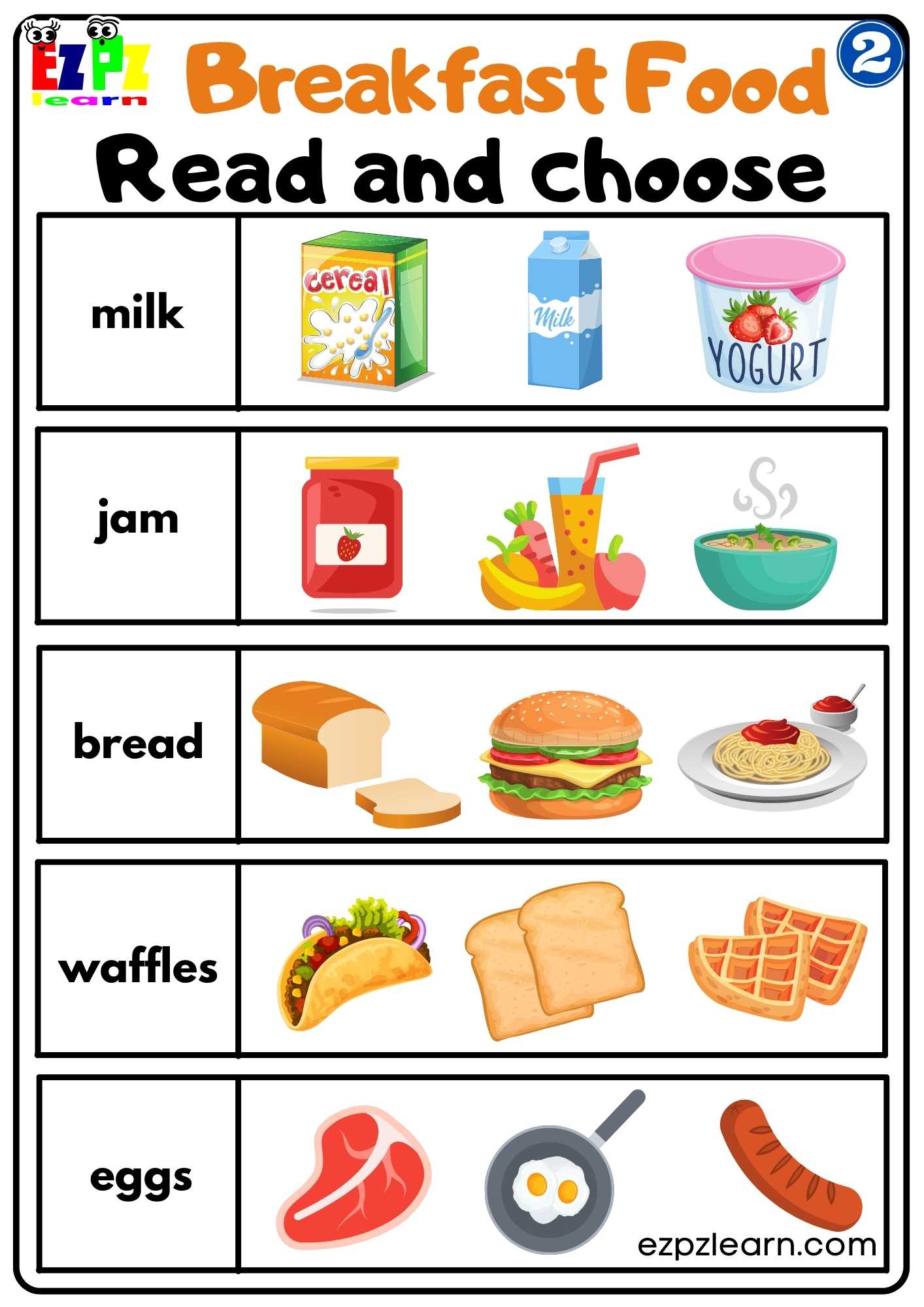 Group 2 Breakfast Food Vocabulary Read and Choose Worksheet for K5 and ESL Students PDF Download